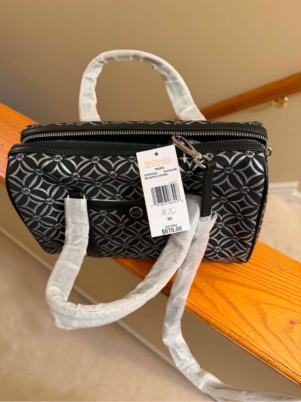 Michael Kors Black and Silver Logo Jacquard Satchel